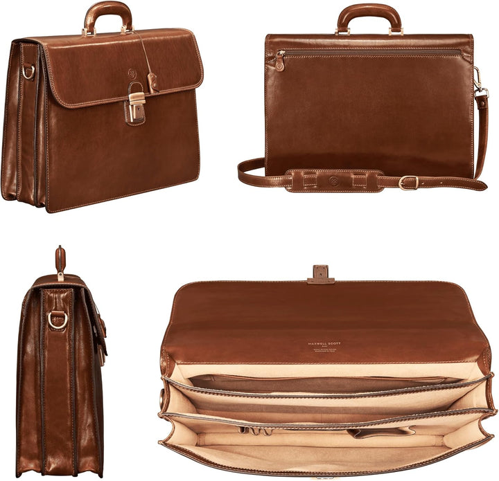 Maxwell Scott Herren Leder 17’’ Laptop Businesstasche in Cognac Braun - Paolo3 Large, Cognac Braun