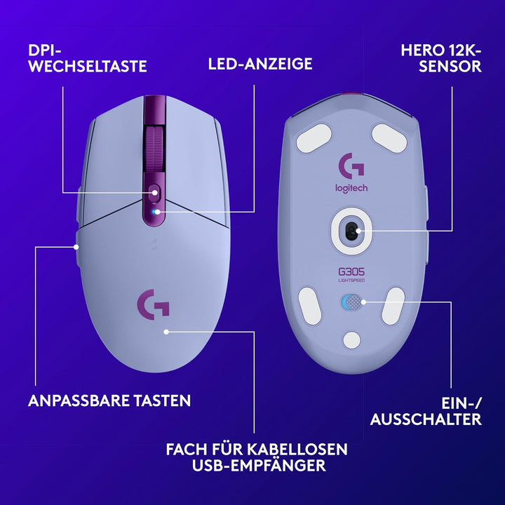 Logitech G305 LIGHTSPEED kabellose Gaming-Maus mit HERO 12K DPI Sensor, Wireless Verbindung, 6 progr