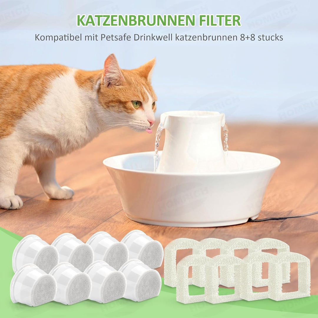 Katzenbrunnen Filter für PetSafe Drinkwell, 8 Pcs Ersatzfilter Trinkbrunnen Katzen & 8 Pcs Schaumfil
