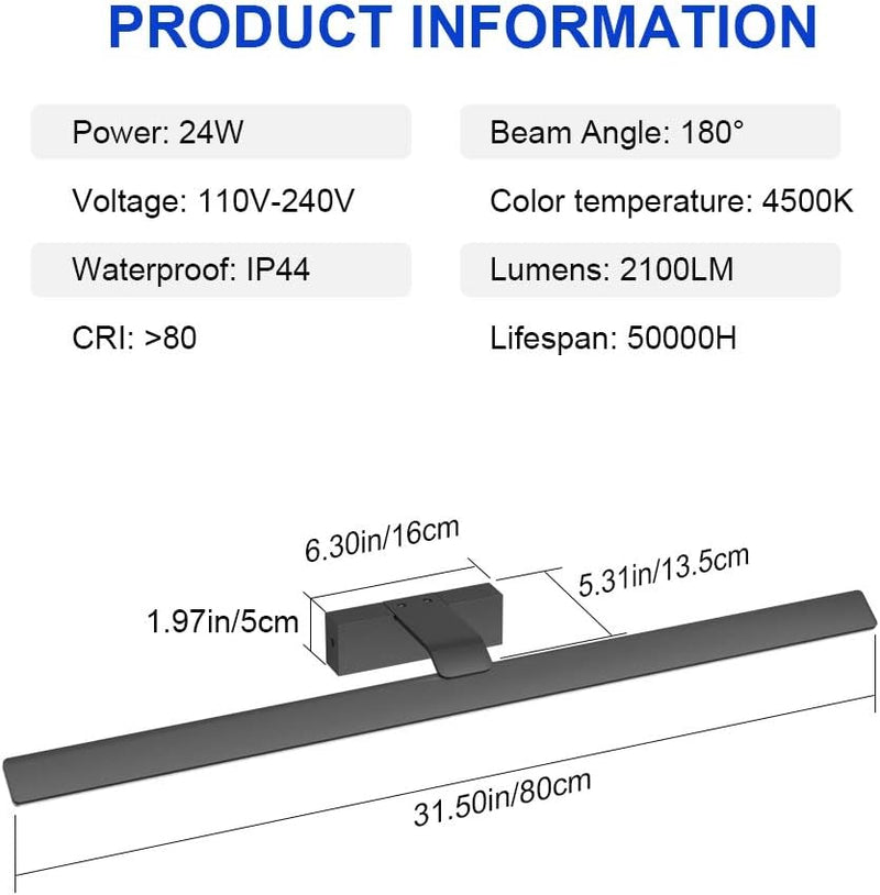 Klighten LED Spiegellampe Bad 24W, 80cm, Modern Badlampe Badleuchte Wand, Spiegel Beleuchtung Bad, B