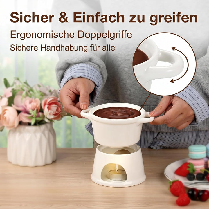 Schokofondue mit Doppelgriff, Schokofondue Tasse mit Gabeln, Keramik Fondue Tasse, Schokoladenfondue