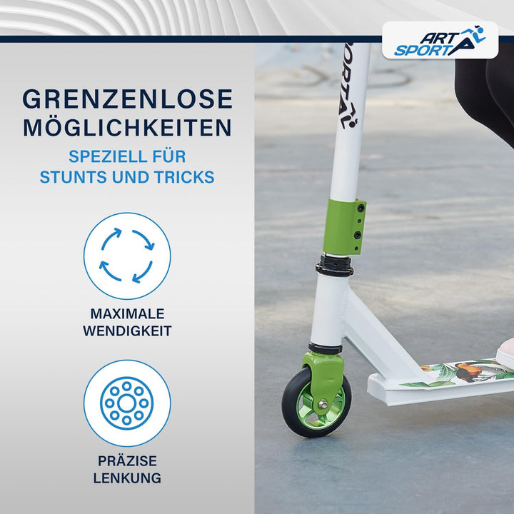 ArtSport Stunt Scooter mit 360° Lenkung, ABEC 9 Kugellager, 100 mm PU Räder & Griptape, Funscooter f
