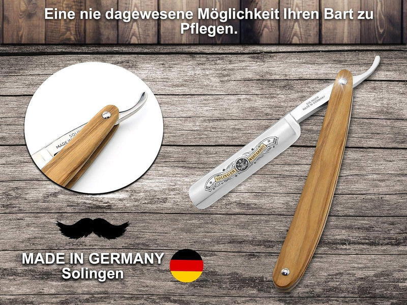 Profi Rasiermesser-Set Made in Germany Streichriemen Schärf Paste und Olivenholz Bartmesser aus Soli