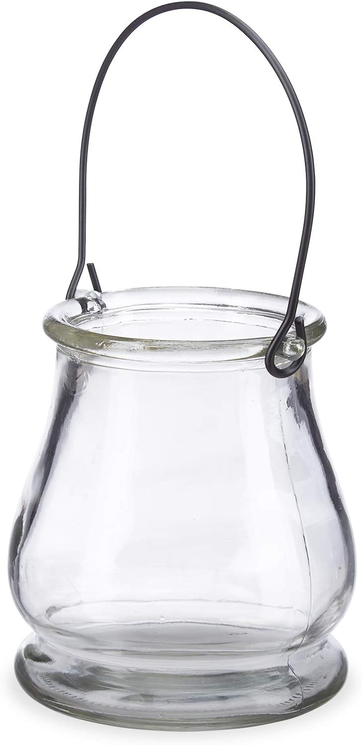 48 x Windlicht aus Glas, runde Glasvase mit Henkel, Tischdeko für Drinnen u. Draussen, Hängewindlich