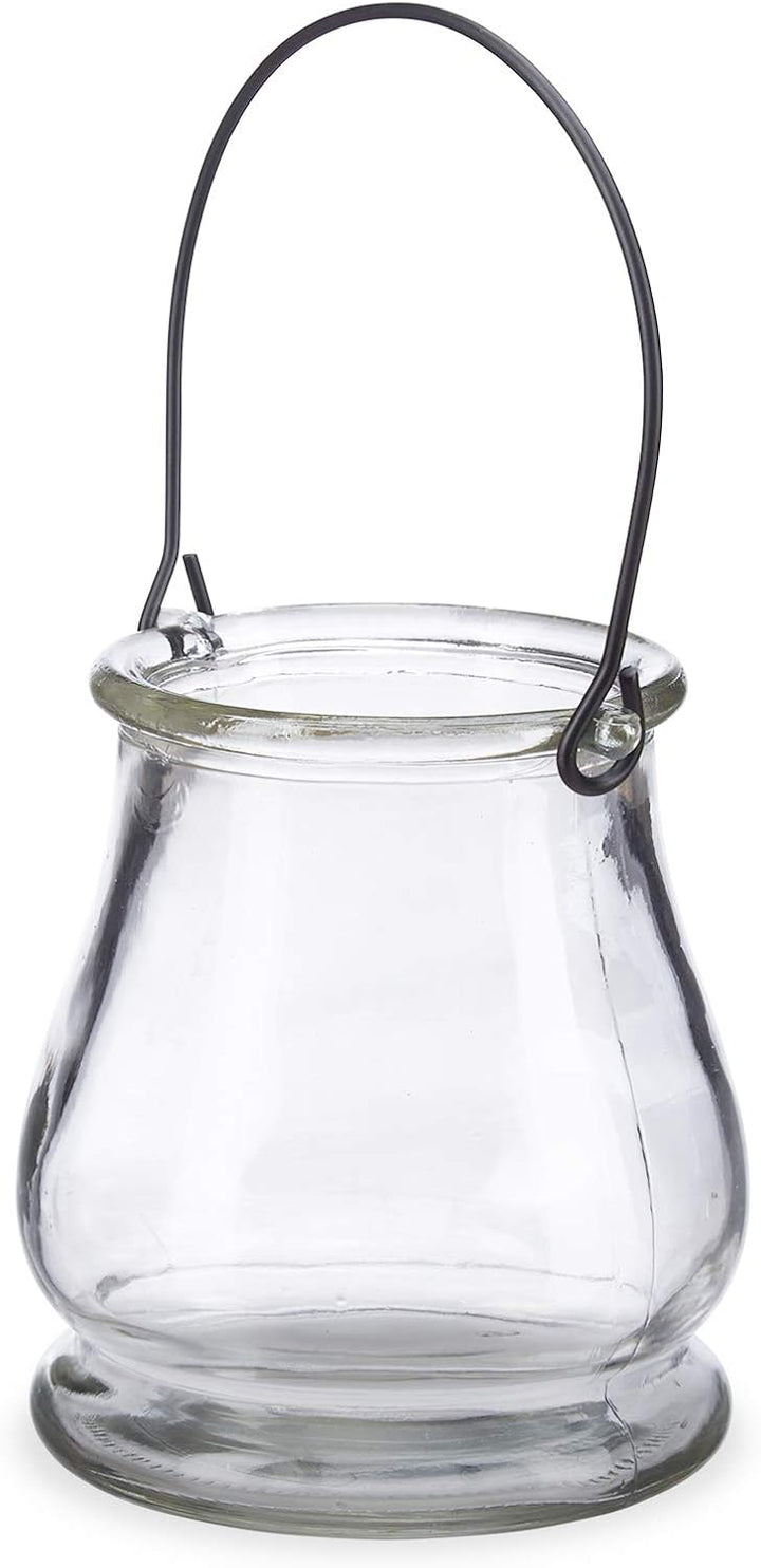 48 x Windlicht aus Glas, runde Glasvase mit Henkel, Tischdeko für Drinnen u. Draussen, Hängewindlich