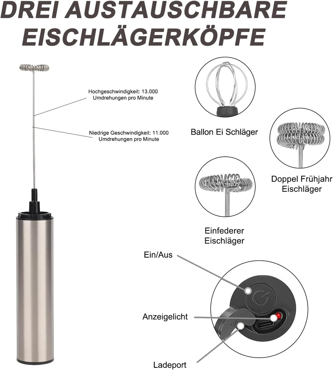 Milchaufschäumer Stab - Elektrischer Schneebesen, USB 800mah, 3 Aufsätzen 2 Geschwindigkeiten, Milch