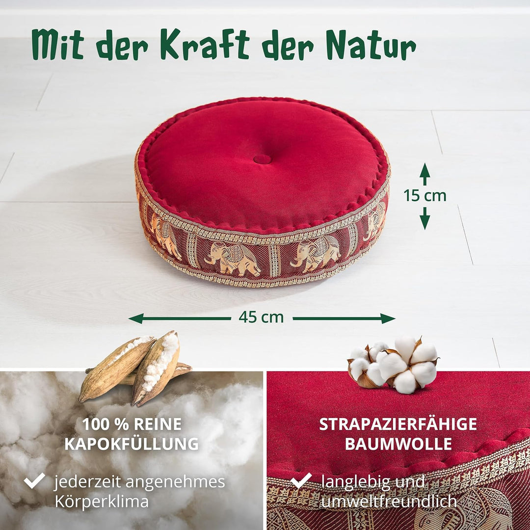 livasia Meditationskissen mit Thaiseide - Ø 45x15cm - Yogakissen mit Kapok, Pouf, Bodenkissen für Yo