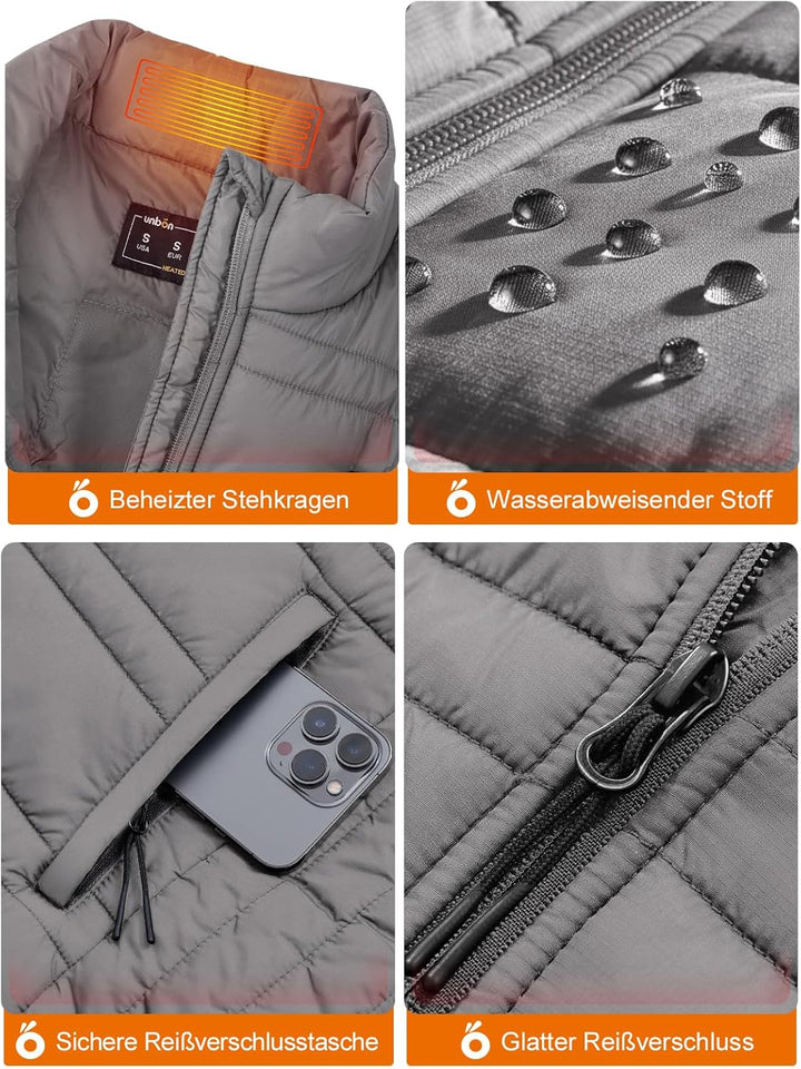 UNBON Beheizbare Weste, Heizweste Herren Damen, Beheizbare Jacke mit Powerbank 10000mAh USB, Beheizt