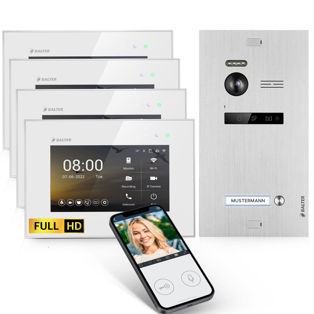 Balter EVO-HD Video Türsprechanlage, Video Türklingel, Smartphone App, 1 Familienhaus Klingel, 4X 7