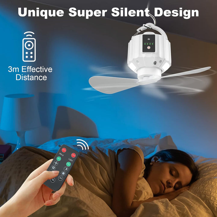 Wastou 5200 mAh Camping-Ventilator, Mini-USB-Ventilator mit LED-Licht & Haken, 3-Geschwindigkeits-De