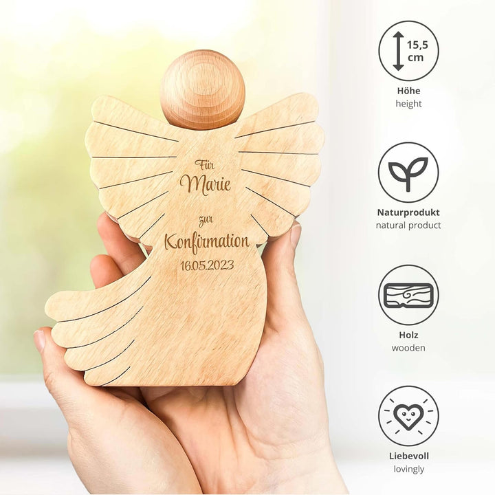 Engel Figur zur Konfirmation, Schutzengel mit Gravur, Personalisierte Holzengel Dekofigur, Konfirmat
