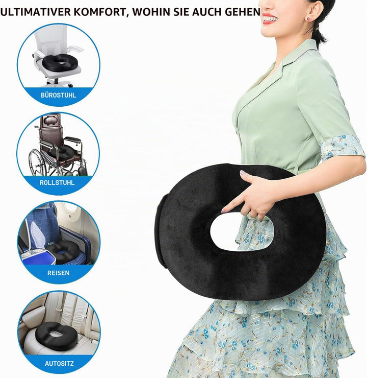 Donut Sitzkissen aus Memory Foam – Ergonomisches Ringkissen für Büro, Auto &amp; Homeoffice – Druckentla