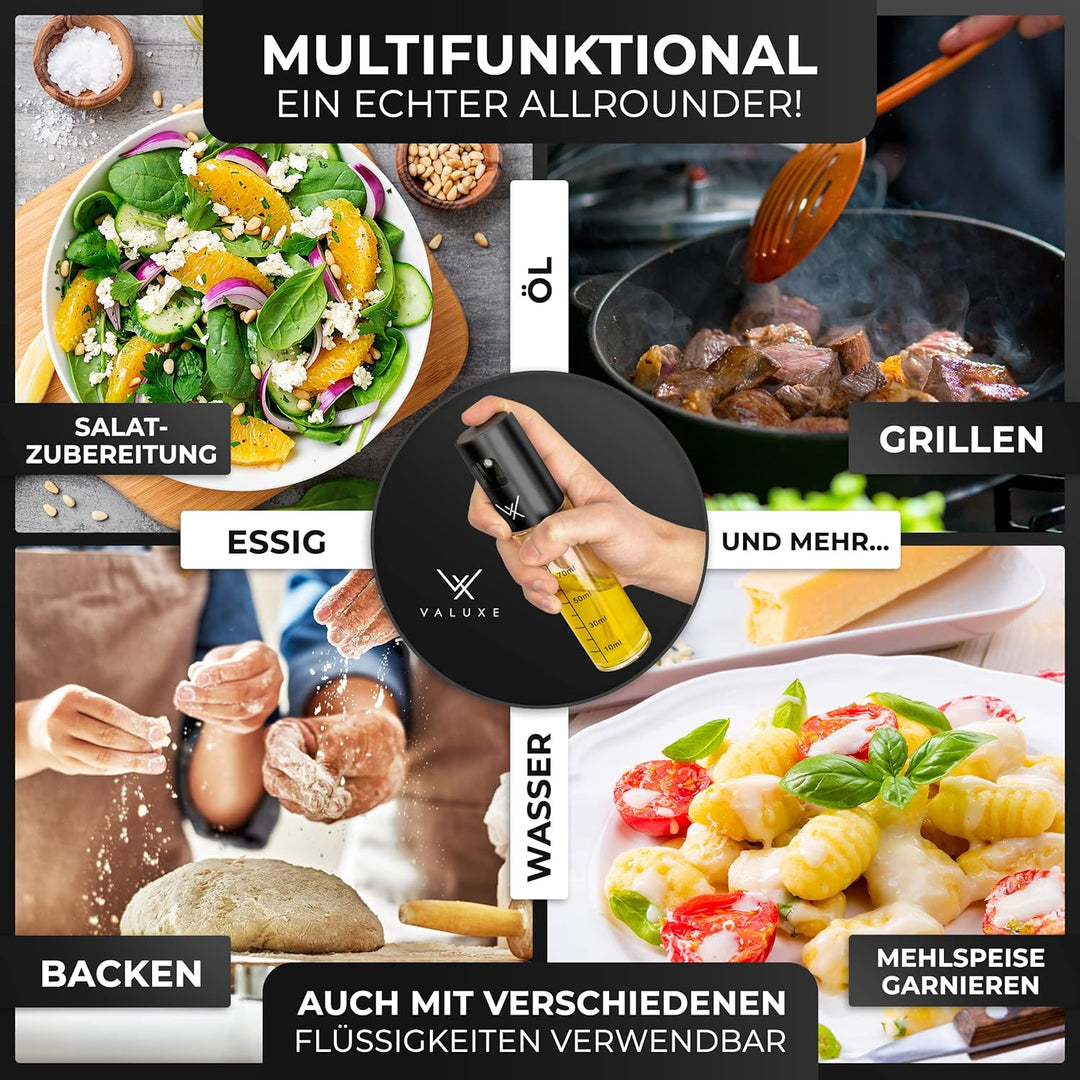 VALUXE® Ölsprüher - Das ORIGINAL - Extrem präzise Öl-Sprühflasche aus Edelstahl und Glas - Multifunk