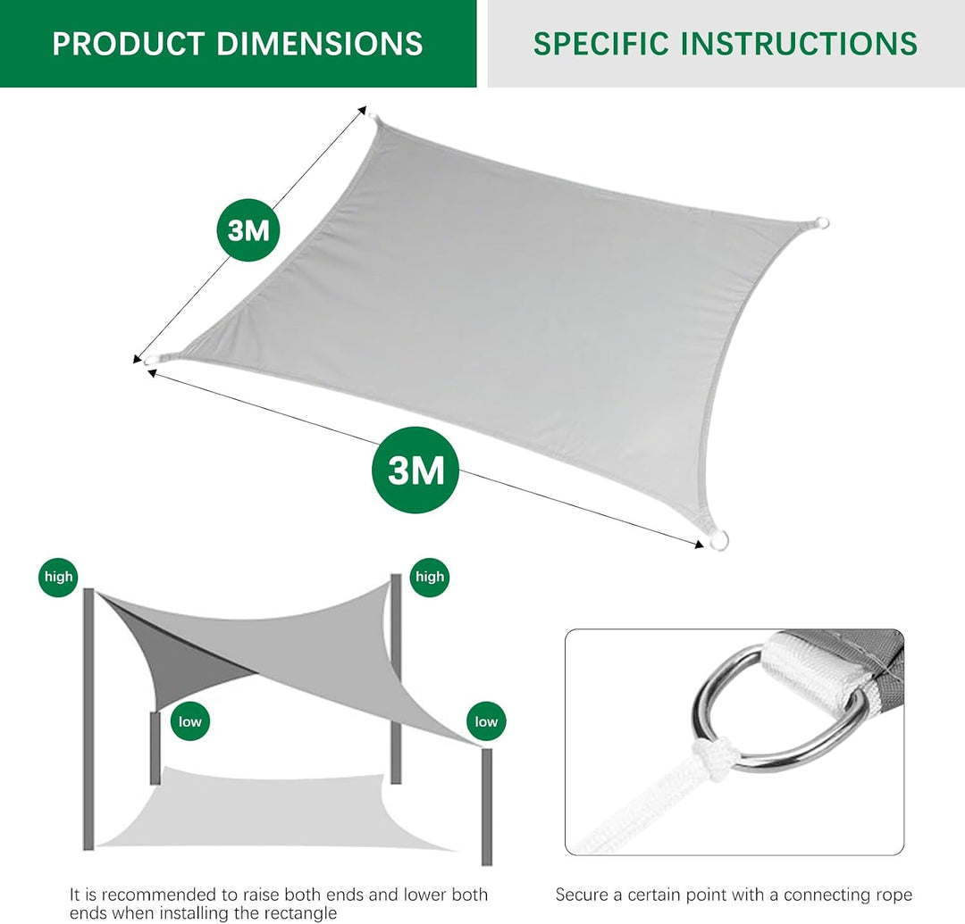 Sonnensegel, Rechteck 3×3 m, 420D Oxford Stoff, wasserdicht, UV-Schutz 3M*3M Grau 3M*3M, 3M*3M Grau