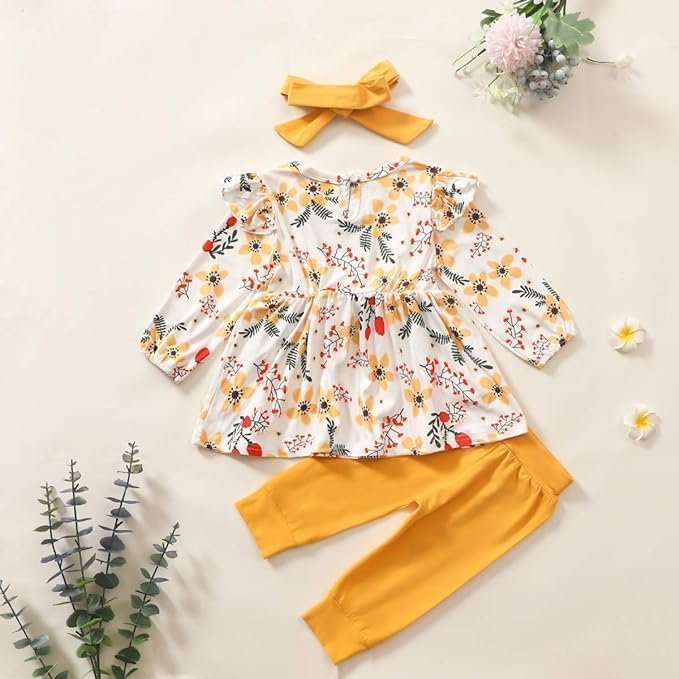 Baby Mädchen Kleidung Bow Floral Rüsche Langarm Top+ Hosen+Stirnband 3Pcs Bekleidungssets 18-24 Mona