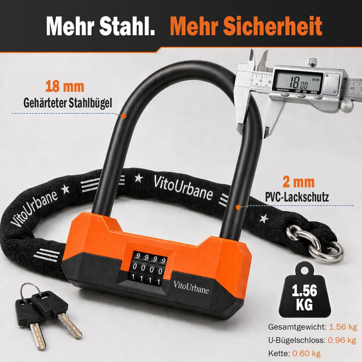 Fahrradschloss hohe Sicherheit 2-in-1 Set, 18 mm Bügelschloss Fahrrad & 120 cm Kettenschloss (7 mm),