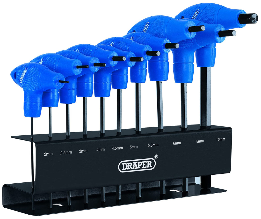 Draper 33869 Metrischer T-Griff Sechskant-Inbusschlüssel-Werkzeugsatz mit Gestell, 10 Stück 1 Blau,