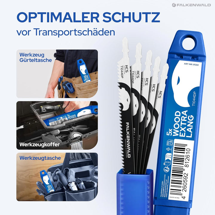 FALKENWALD® Stichsägeblätter Holz 5x T1044DP – Extra Lang 250 mm - Tiefe Schnitte bis 190 mm - T-Sch
