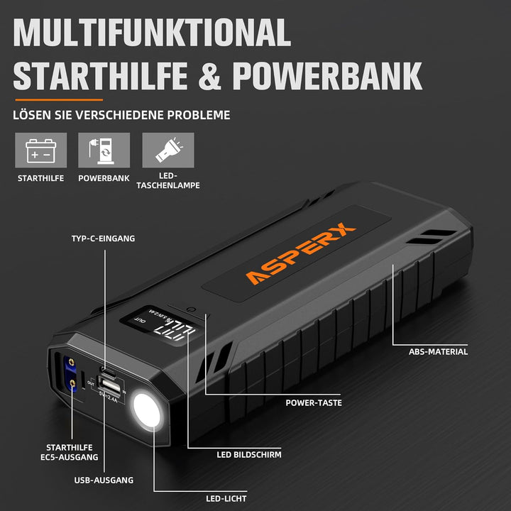 ASPERX Starthilfe Powerbank 4000A, Tragbare Auto Starthilfe für 12V-Fahrzeuge (bis zu Alle Benzin od