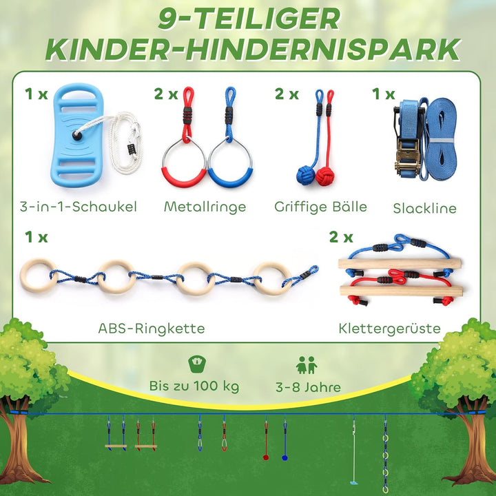 AIYAPLAY Ninja Line Kinder 10m 9-teilig Slackline Set mit 2 Turnringe, 3-in-1 Schaukel, 2 Klettersta