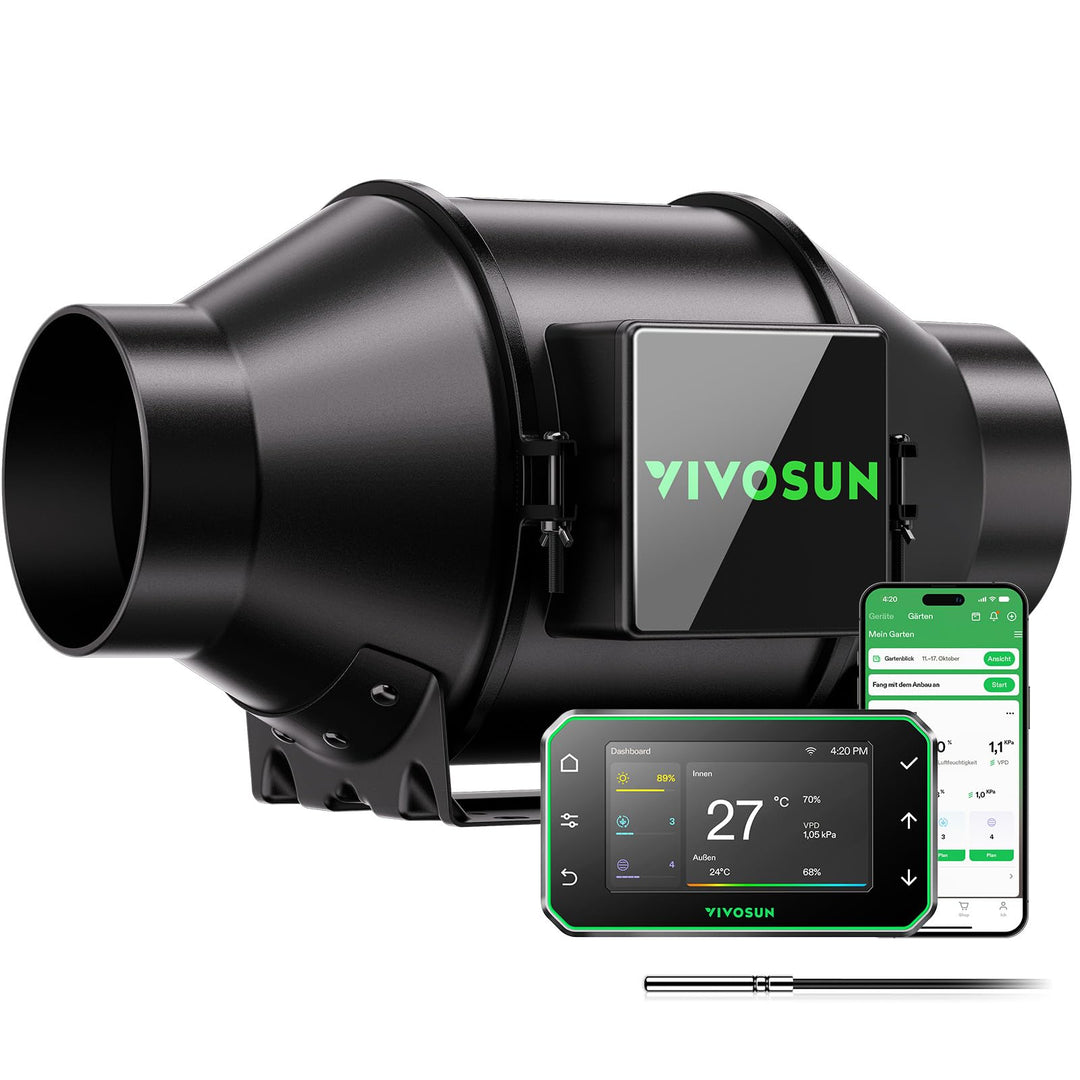 VIVOSUN Rohrventilator 100mm Abluftventilator 331m³/h mit EC-Motor und GrowHub E42A WLAN-Controller