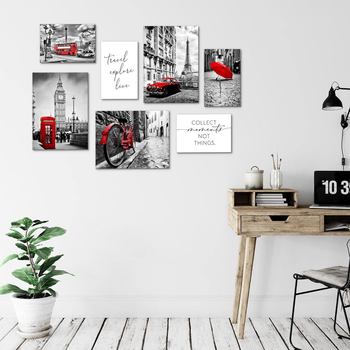 Novart Wandbilder London Paris Städte - KOMPLETT AUFHÄNGFERTIG - Schwarz Rot Wohnzimmer Schlafzimmer