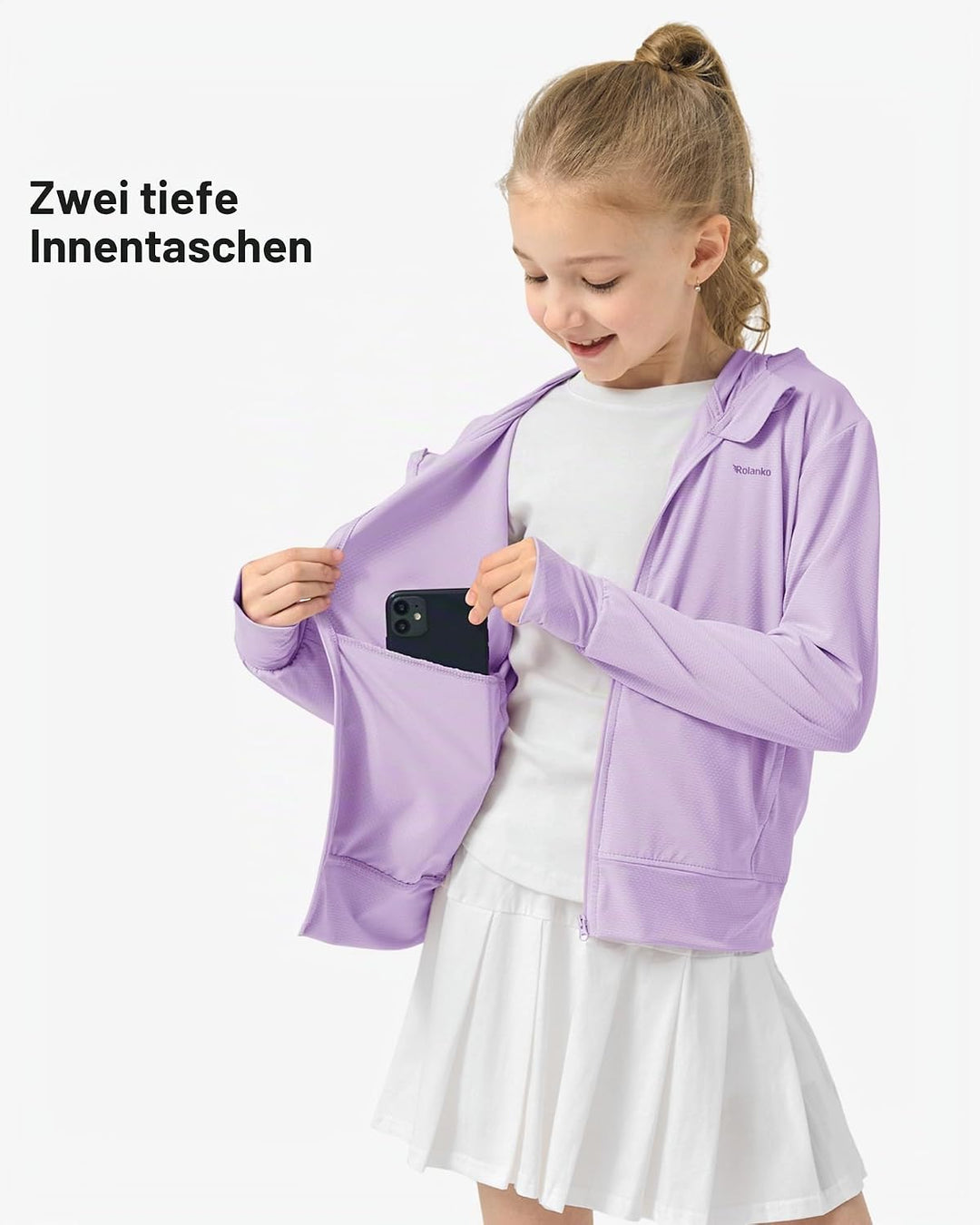 Rolanko Mädchen Sommerjacke mit Daumenlöchern Langarm Sonnenschutz Schnell Trocknend Reissverschluss