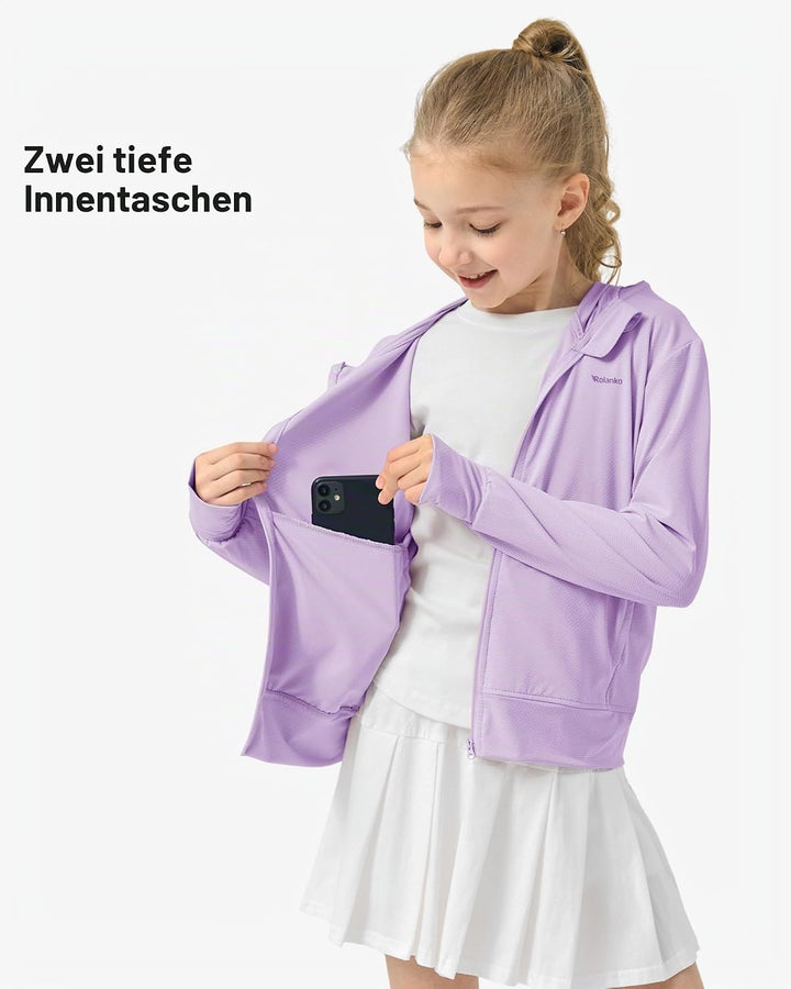 Rolanko Mädchen Sommerjacke mit Daumenlöchern Langarm Sonnenschutz Schnell Trocknend Reissverschluss