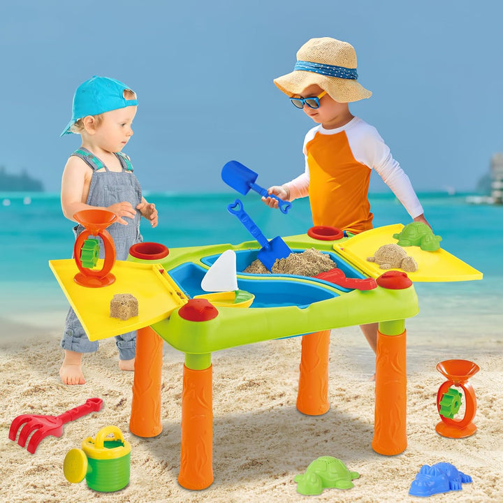 deAO Sand und Wasser Outdoor Aktivitäten Spieltisch für Kinder mit Doppelfach, Deckel und über 10 Zu