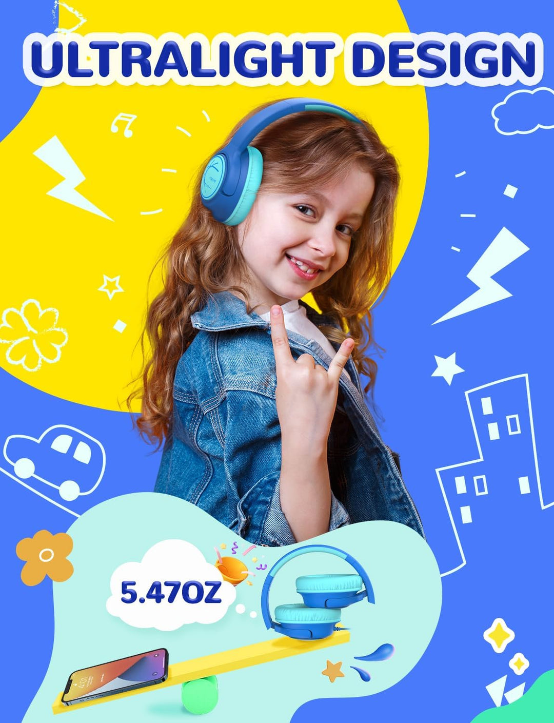 iClever Kopfhörer Kinder, Kinder Kopfhörer mit Kabel 85dBA Sichere Lautstärke, Stereo Sound, Over Ea