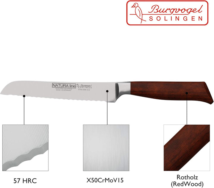 Burgvogel Solingen Natura Line, Brötchenmesser Holzgriff, rot satiniert, geschmiedet, 13 cm, rostfre