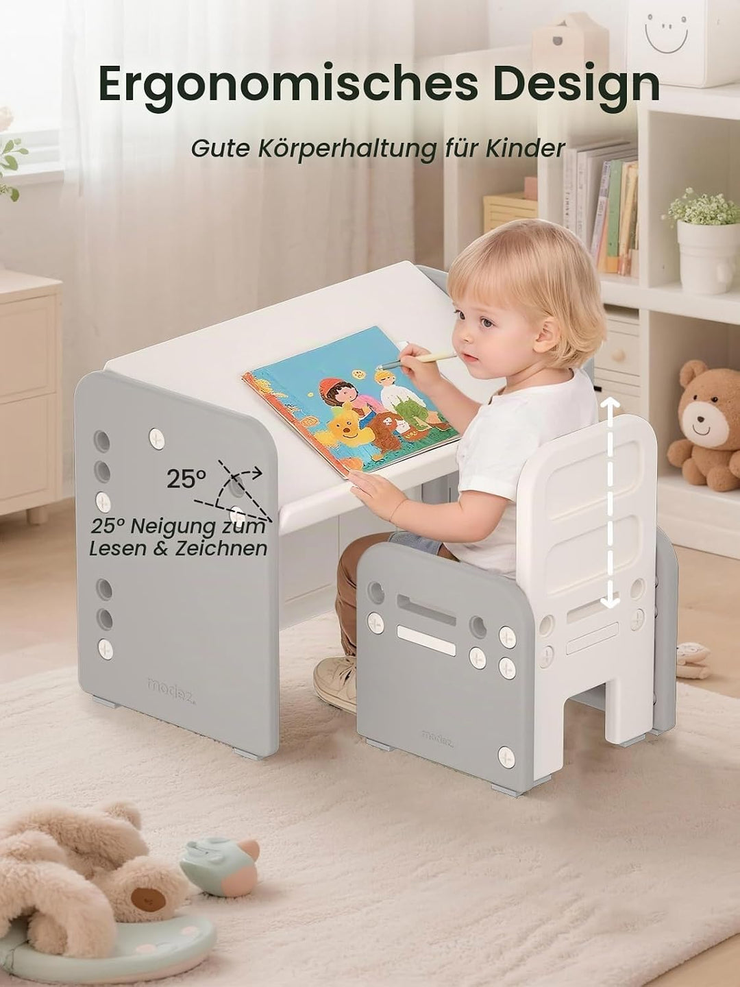 Kindertisch mit Stühle, Höhenverstellbarer Kinder Tisch Stuhl Set, Konvertierbarer Desktop，Multifunk