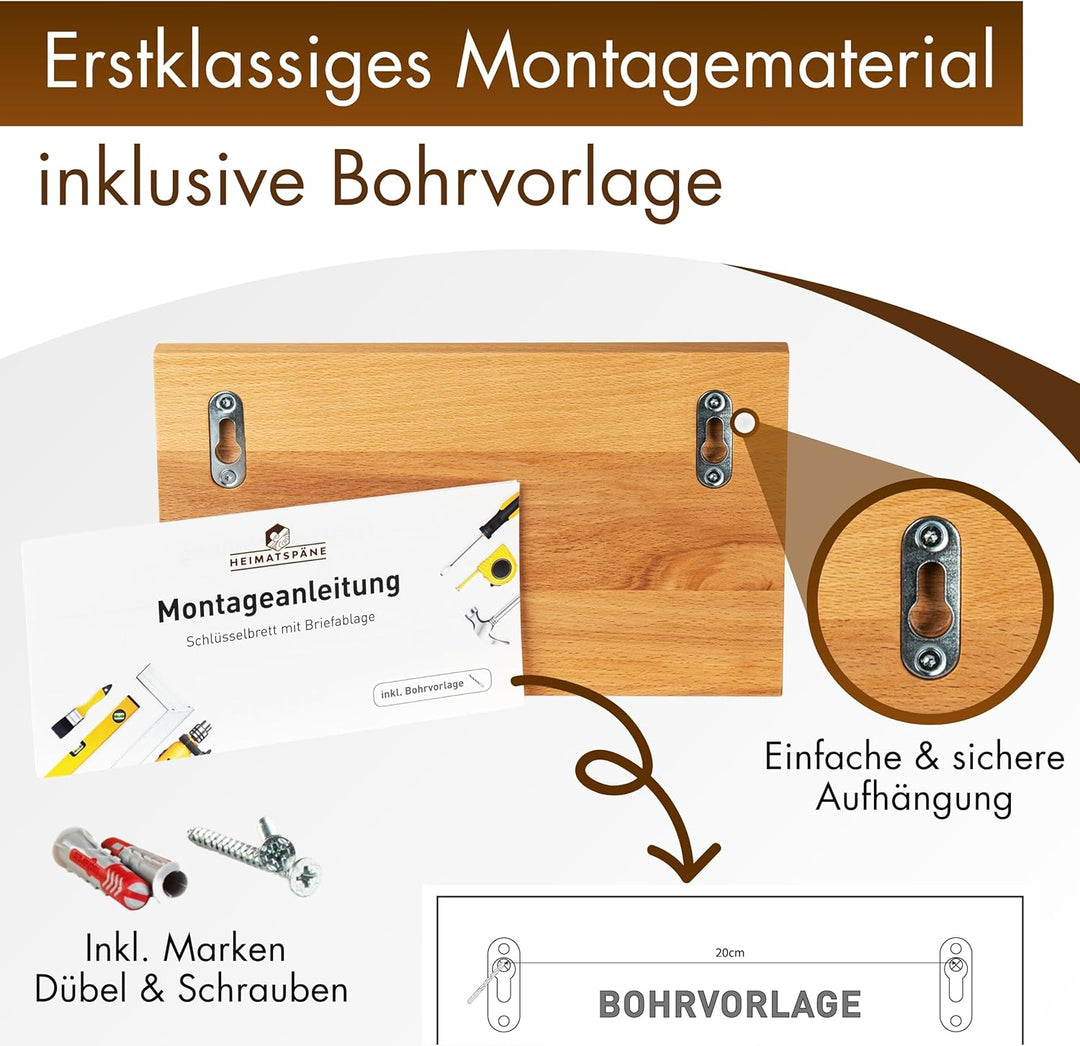 Schlüsselbrett Holz mit Ablage - massive Kernbuche, hochwertige schwarze Edelstahlhaken, Schlüsselbo