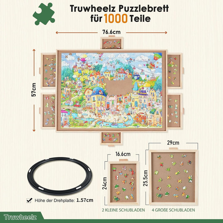 1000 Teile rotierendes Puzzlebrett mit 6 Schubladen und Abdeckung, 67,6 x 57 cm tragbarer Holzpuzzle
