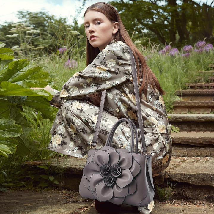 NICOLE & DORIS Modische Damen-Umhängetasche, Handtasche, Umhängetasche, Blumenmotiv Grau, Grau