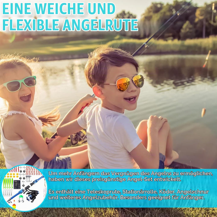 Angelset für Kinder, Kinderangel Starter Set Angelrute Set Kinder mit Angelrolle und Köder Set Angel