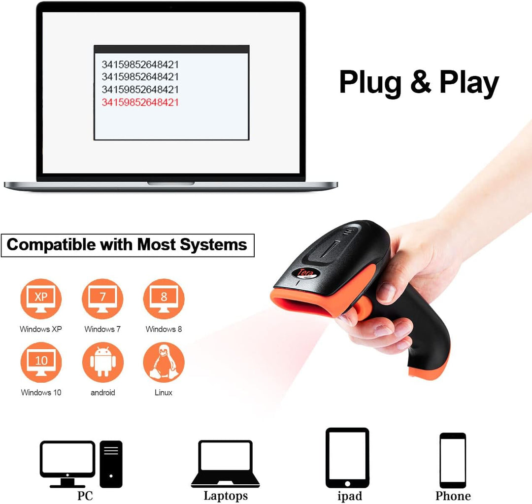 Tera Barcode-Scanner 1D 2D QR 3 in 1 Wireless 2.4 GHz/Bluetooth/USB Wired Barcode-Lesegerät mit Stän
