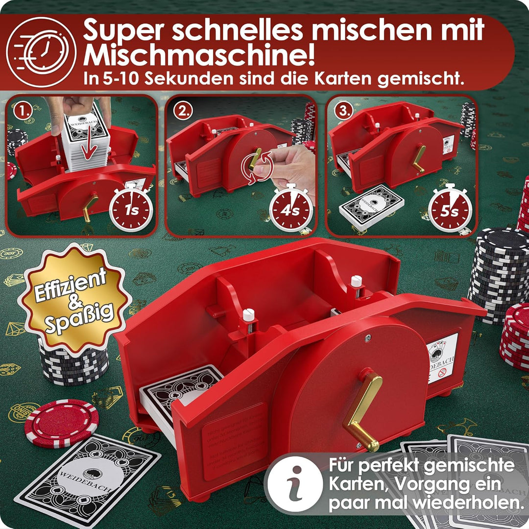 rot Kartenmischmaschine mit Goldener Kurbel für alle Standard Kartenspiele, Kartenmischer mit 2X Kar
