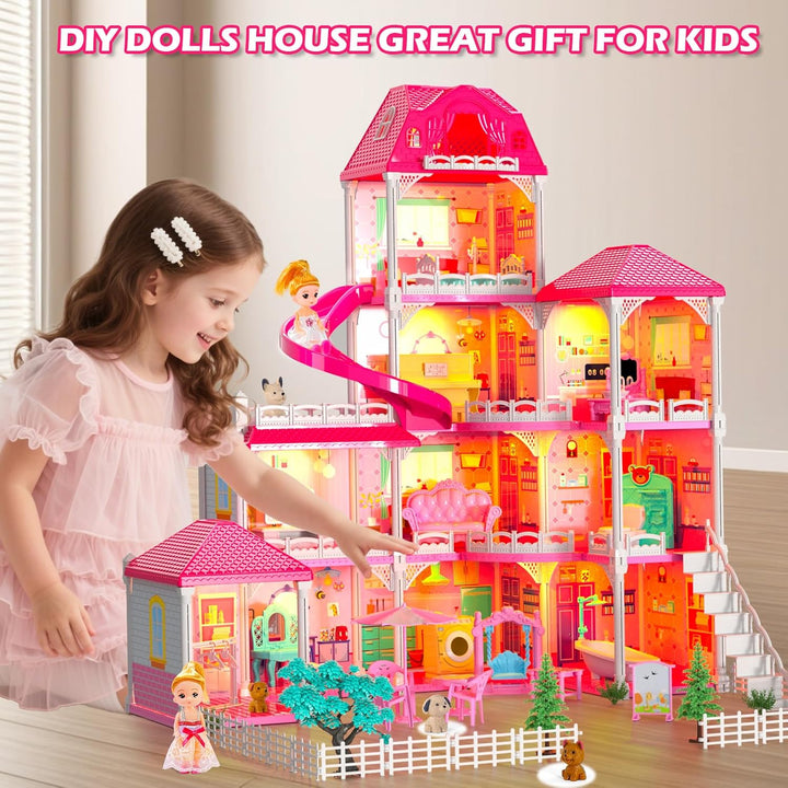 Doloowee Puppenhaus, 4 Geschichten 10 Zimmer Puppenhaus mit 2 Prinzessinnen Rutsche Zubehör, Spielze