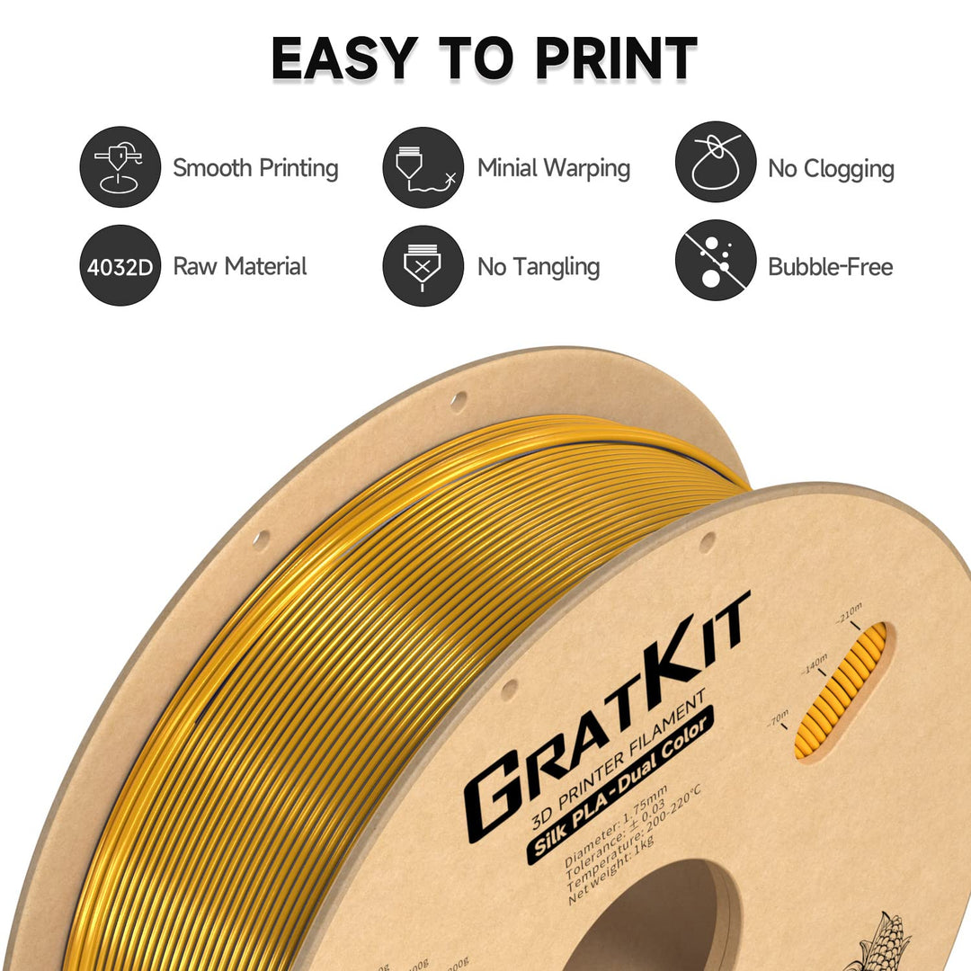 GratKit Silk Dual Color Filament PLA 1.75mm, -0.03mm, Coextrusion PLA Filament, 3D Drucker Filament,