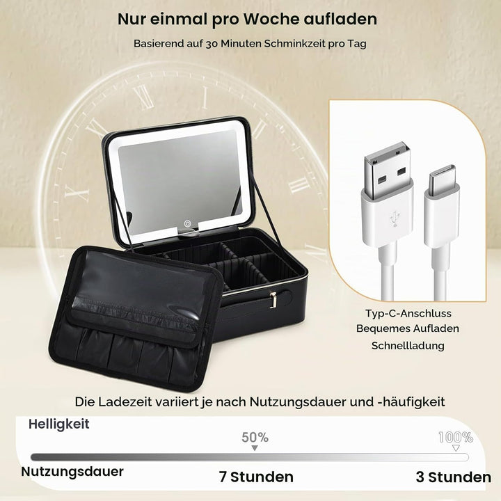 Leder-Kosmetiktasche mit LED-beleuchtetem Spiegel Reise-Kosmetikkoffer Einstellbare Helligkeit in 3