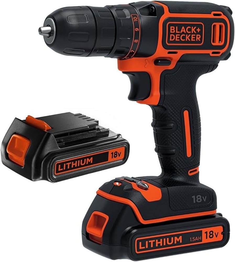 Black+Decker Akku-Bohrschrauber (18V, inkl. 2x Li-Ion Schiebe-Akku, 400 mA Ladegerät, LED-Arbeitsleu