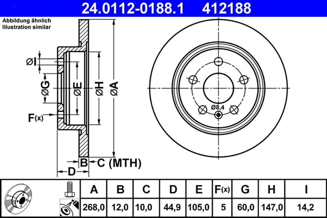 ATE Original Bremsscheibe - 2 Bremsscheiben - 24.0112-0188.1 - ECE-R90 Strassenzulassung Single, Sin