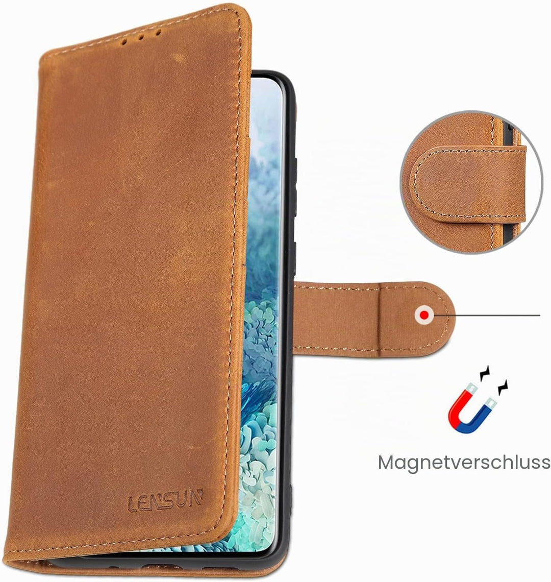 LENSUN Echtleder Hülle für Samsung Galaxy S20 Plus, Handyhülle [Echtes Leder] [Magnetverschluss] [Ka