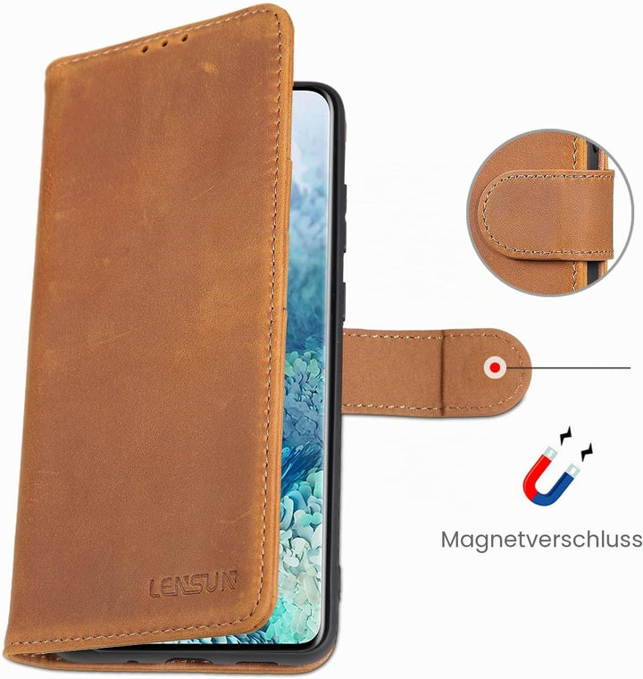 LENSUN Echtleder Hülle für Samsung Galaxy S20 Plus, Handyhülle [Echtes Leder] [Magnetverschluss] [Ka
