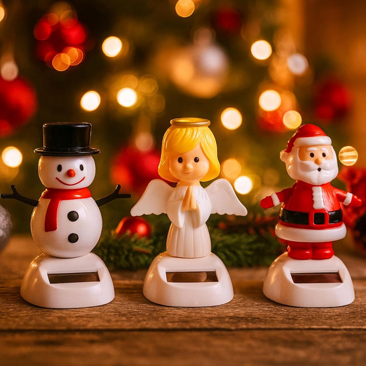 3ER SET WEIHNACHTLICHE SOLAR-WACKELFIGUREN – Weihnachtsmann, Christkind & Schneemann | Dekorative Fi