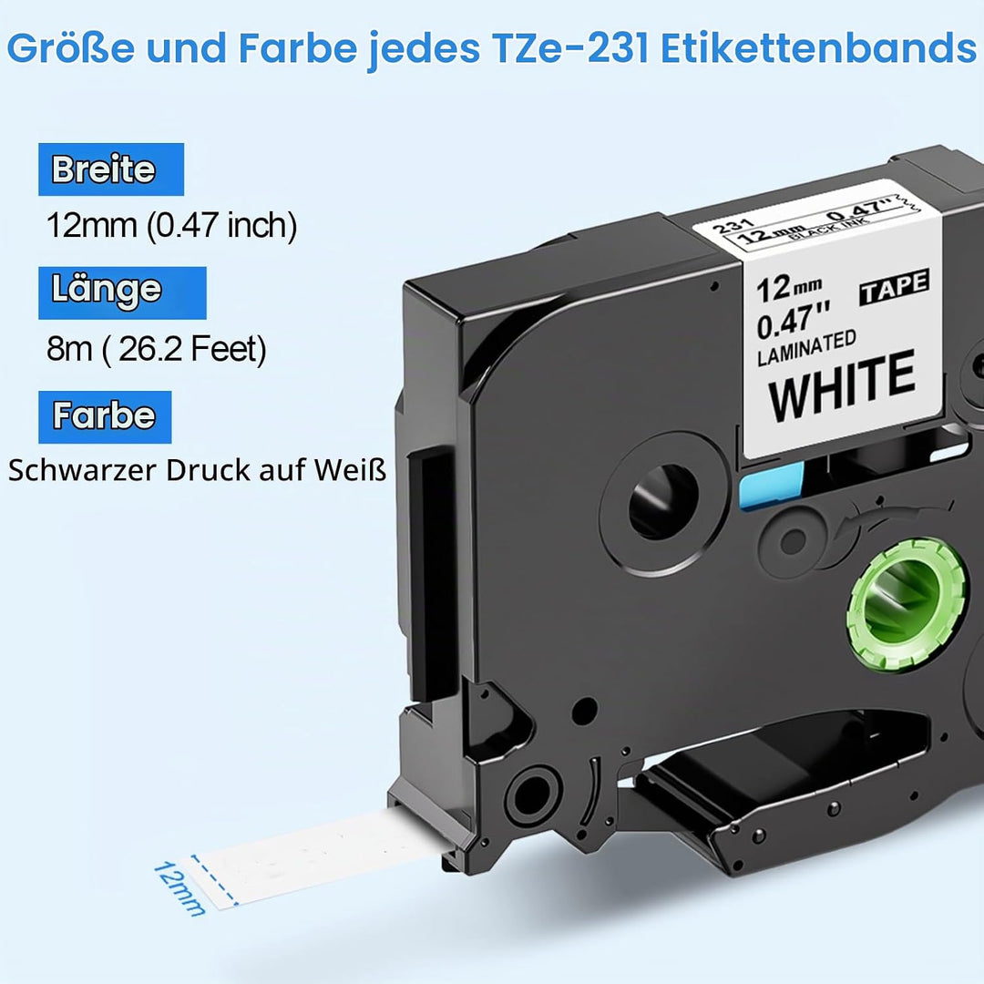 5x TZe231 Tape Cassette 12mm Black on White Kompatibel mit Brother P touch Beschriftungsgerät Bänder