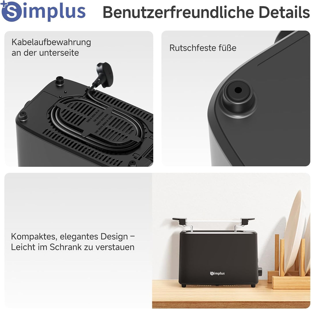 SIMPLUS Toaster 2 Toastschlitze, 7 Bräunungsstufen, Auftau- & Aufwärmfunktion, Brötchenaufsatz, extr