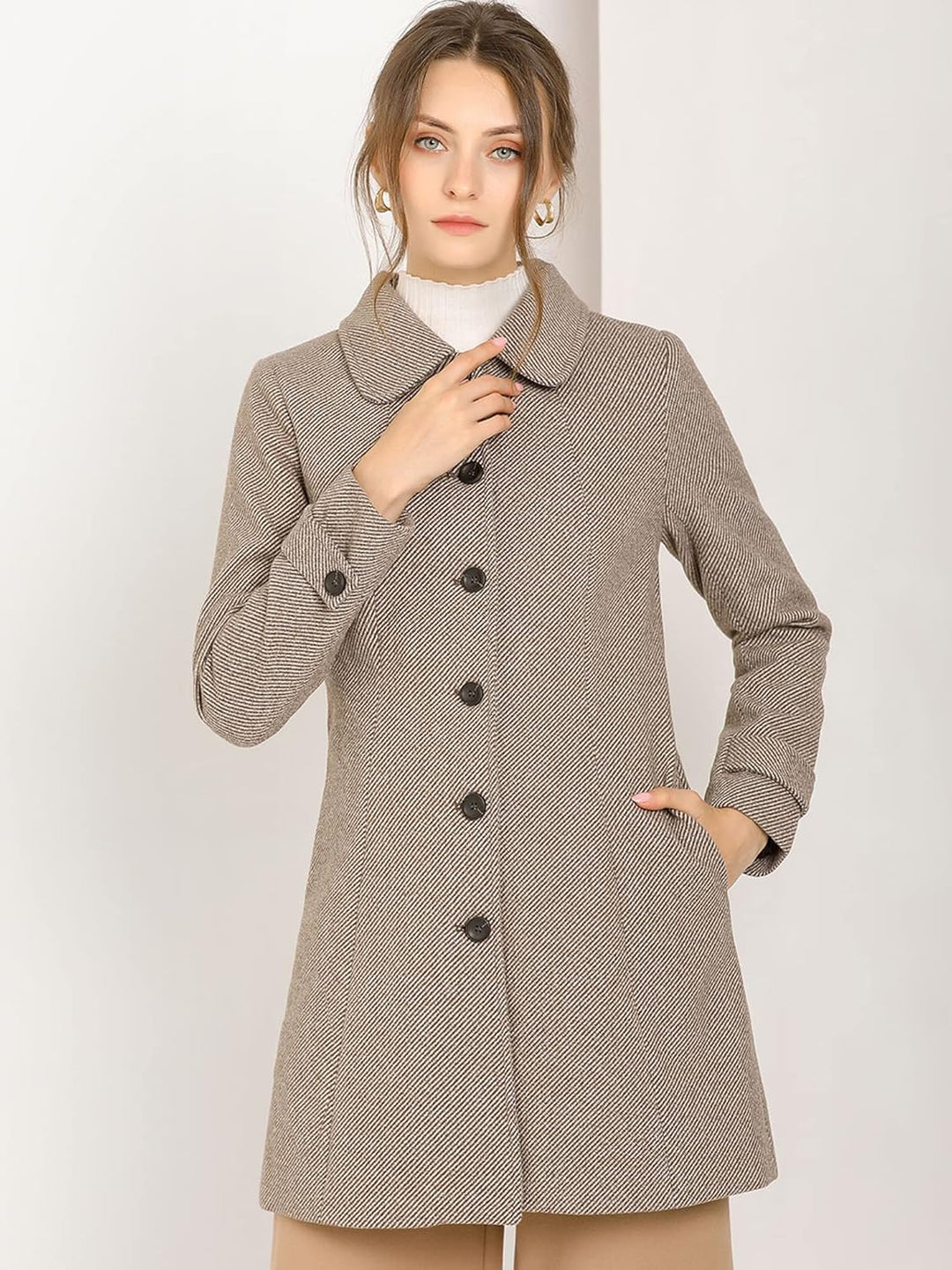 Allegra K Damen Langarm Bubikragen Einreiher Streifen Trenchcoat Mantel S Braun, S Braun