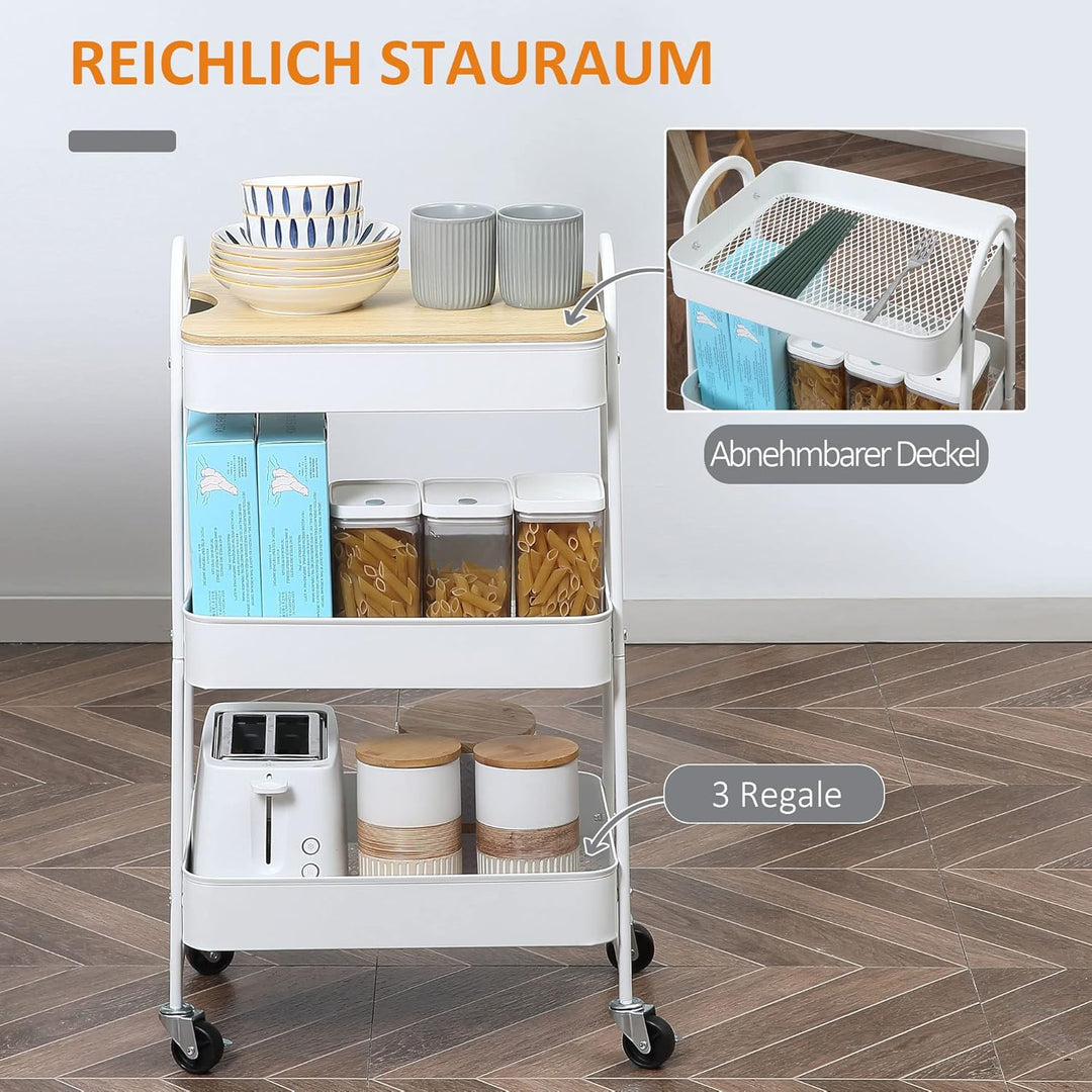 HOMCOM Servierwagen mit 3 Ebenen Küchenwagen mit Rollen Griff Küchenregal mit Korb und Deckel Rollwa